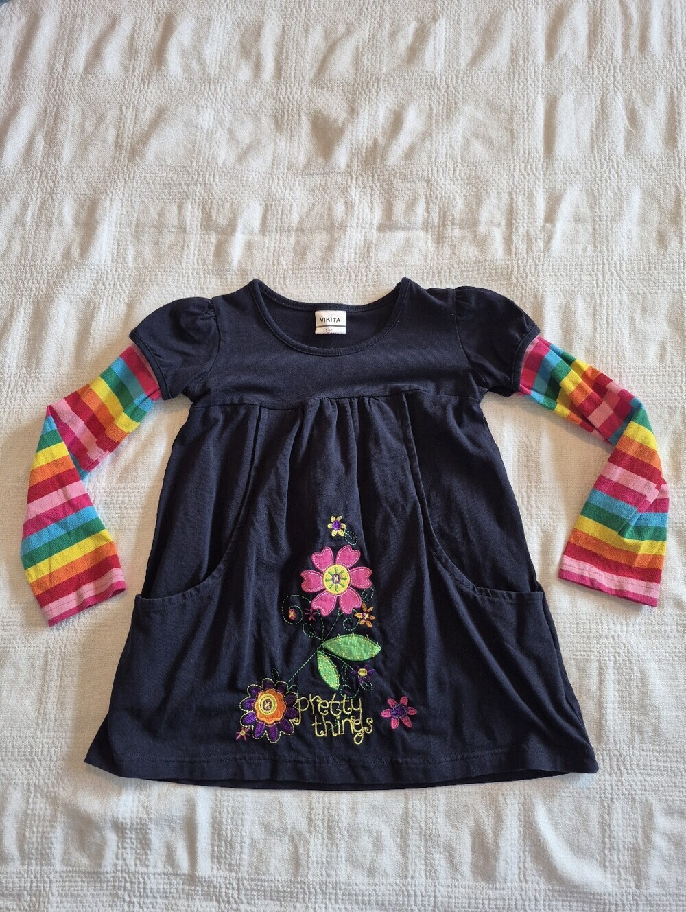 Vikita girls 3-4 years tunic shirt blue long sleeve with appliqued flowers VGUC